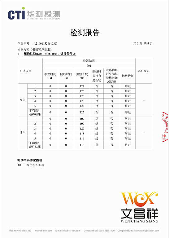 阻燃面料檢測報告